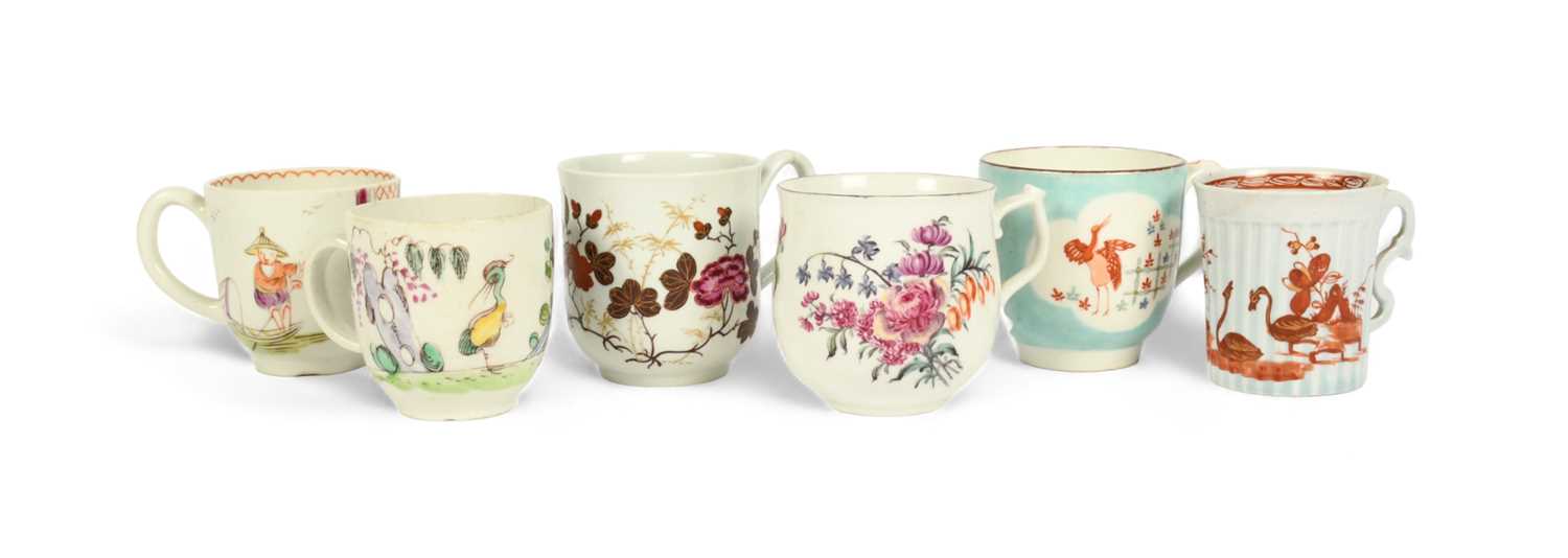 Six English porcelain coffee cups, c.1754-70, including a William Reid (Liverpool) fluted example