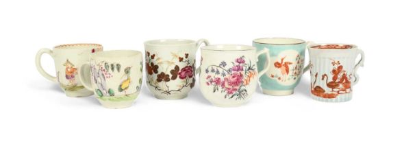 Six English porcelain coffee cups, c.1754-70, including a William Reid (Liverpool) fluted example