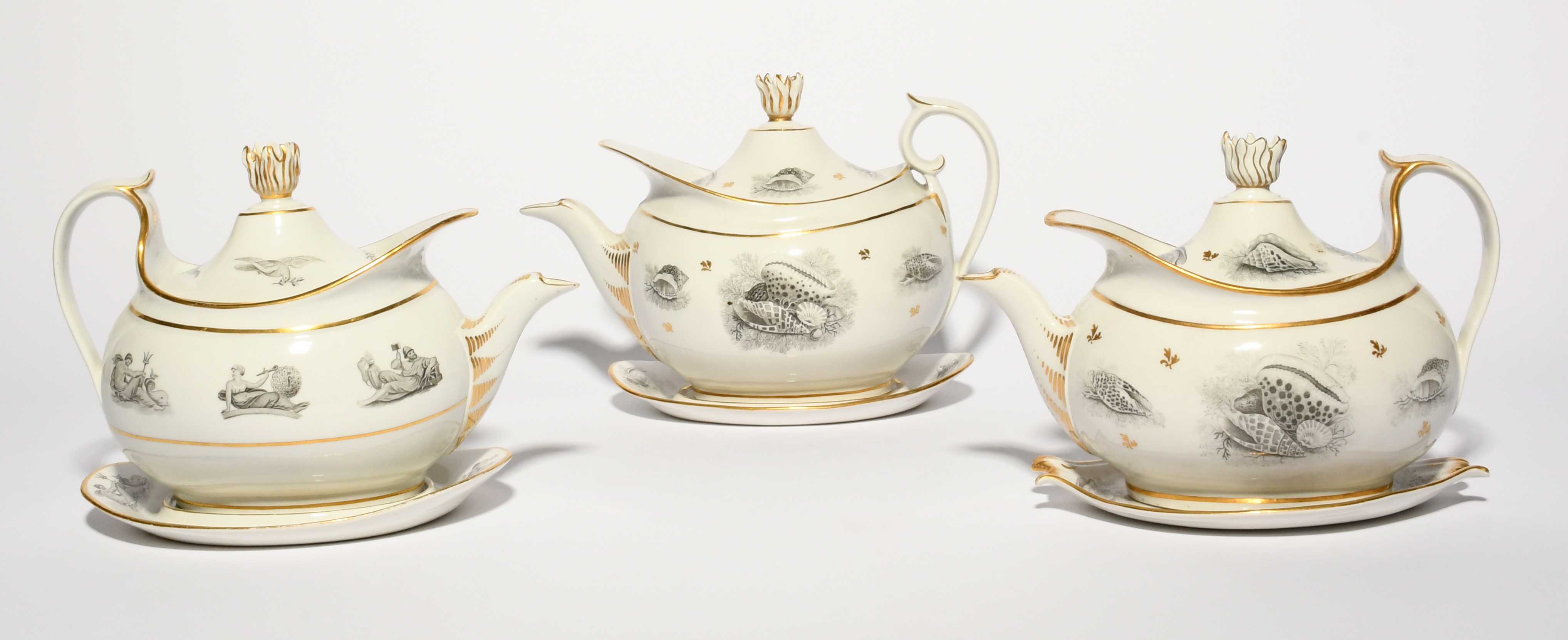 Three Barr Flight and Barr (Worcester) teapots with covers and stands, c.1810, bat printed in black, - Image 2 of 4