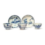 Two Lowestoft blue and white teabowls and saucers, c.1765-75, painted with Chinese pagodas in island