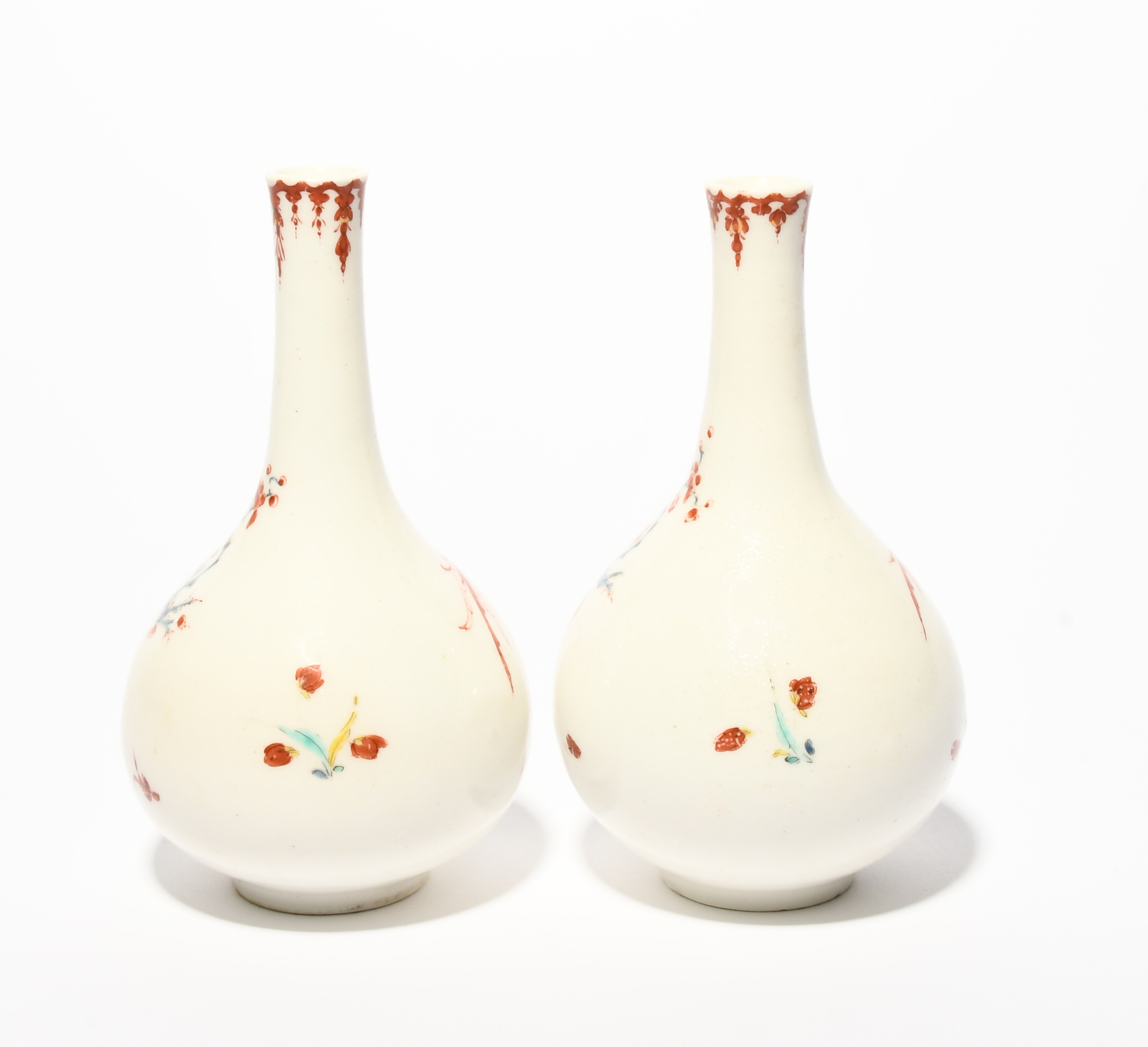 A rare pair of Bow bottle vases, c.1755, well painted in Kakiemon enamels, each with a long-tailed - Image 3 of 4