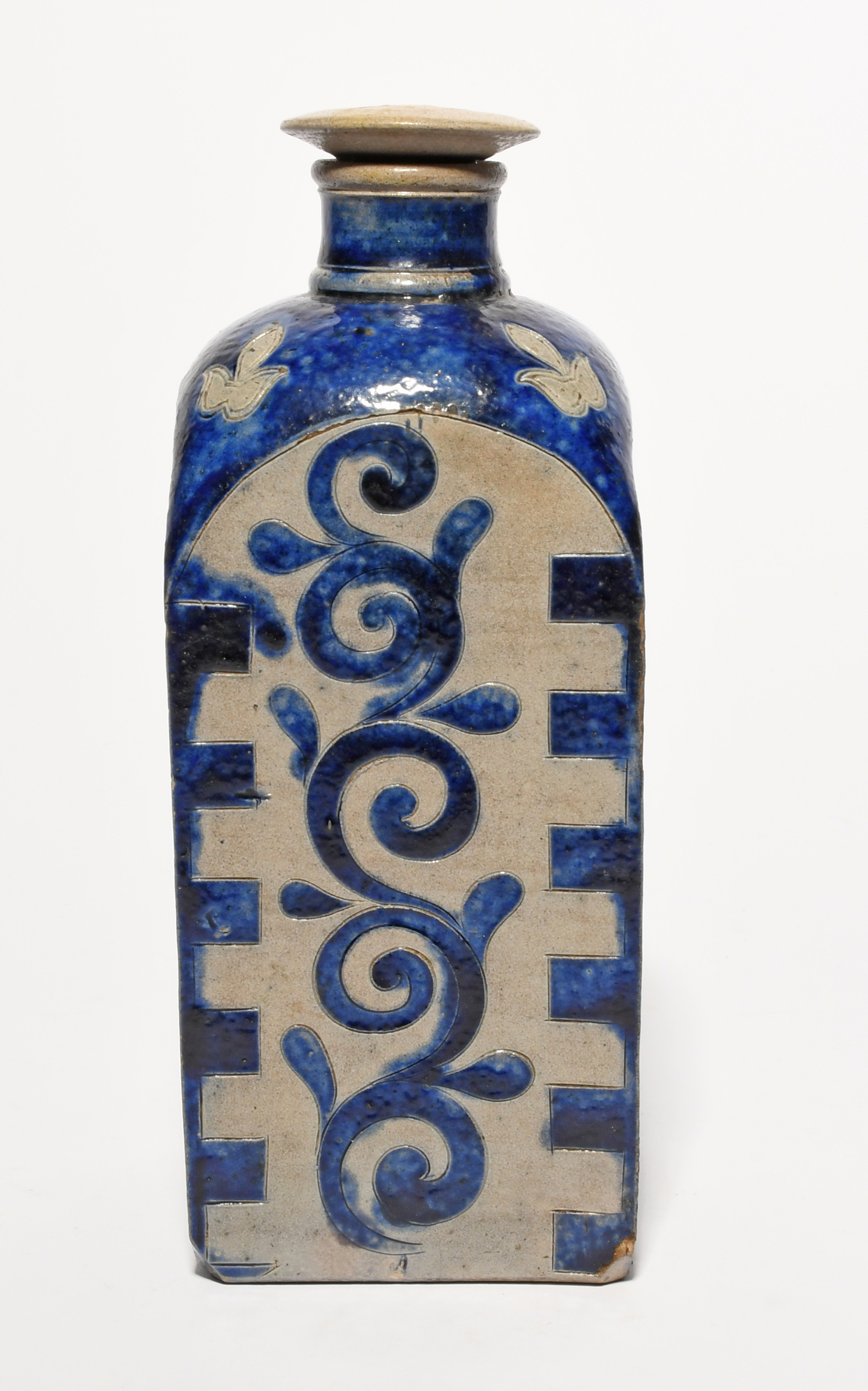 A Westerwald stoneware square flask or bottle and stopper, early 18th century, the four sides each - Image 2 of 3