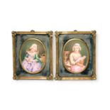 A pair of Continental porcelain oval plaques, 19th century, painted with young girls seated at their