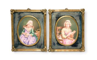 A pair of Continental porcelain oval plaques, 19th century, painted with young girls seated at their