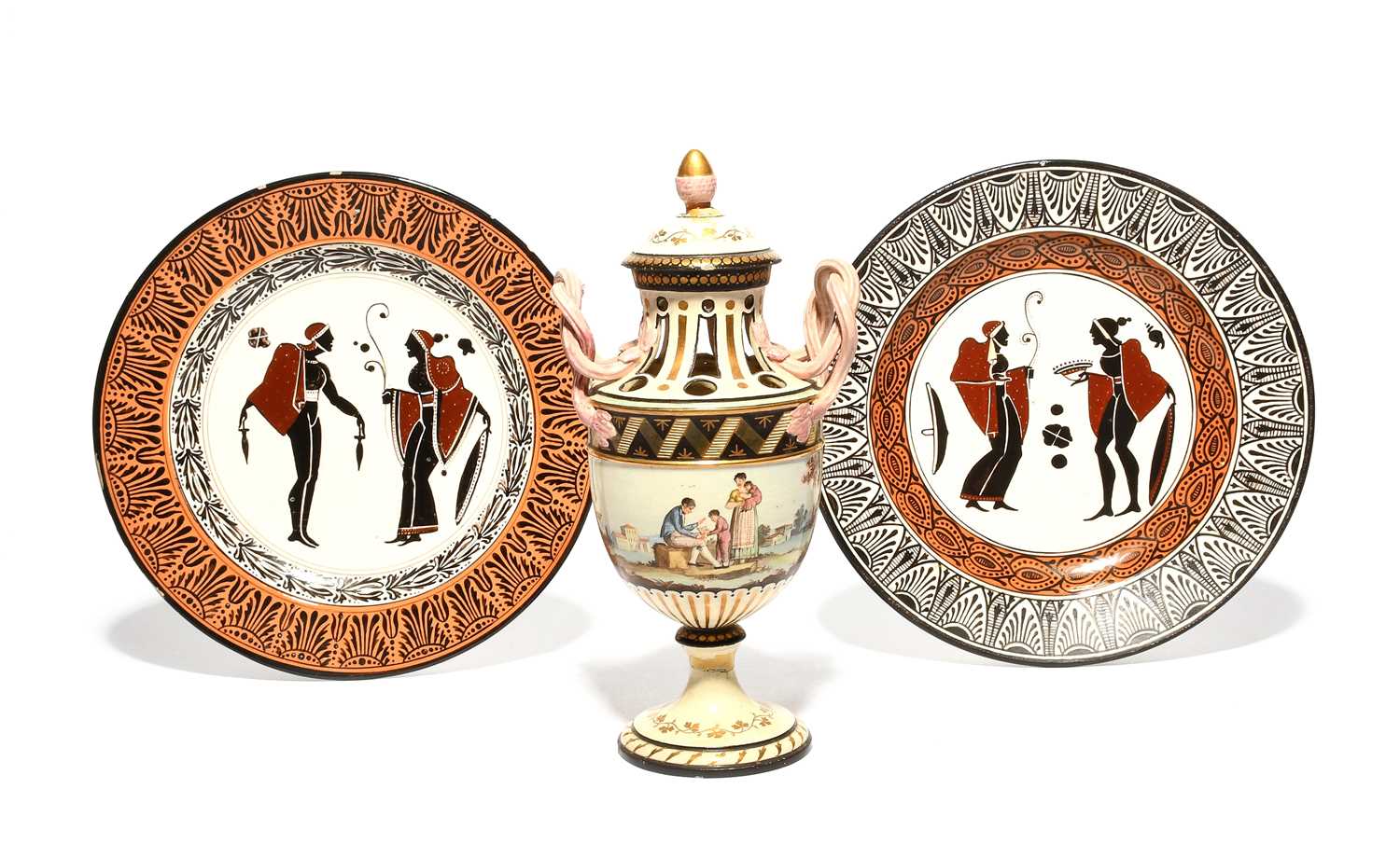 Two Naples (Guistiniani) creamware plates, 19th century, decorated in the Egyptian Revival manner