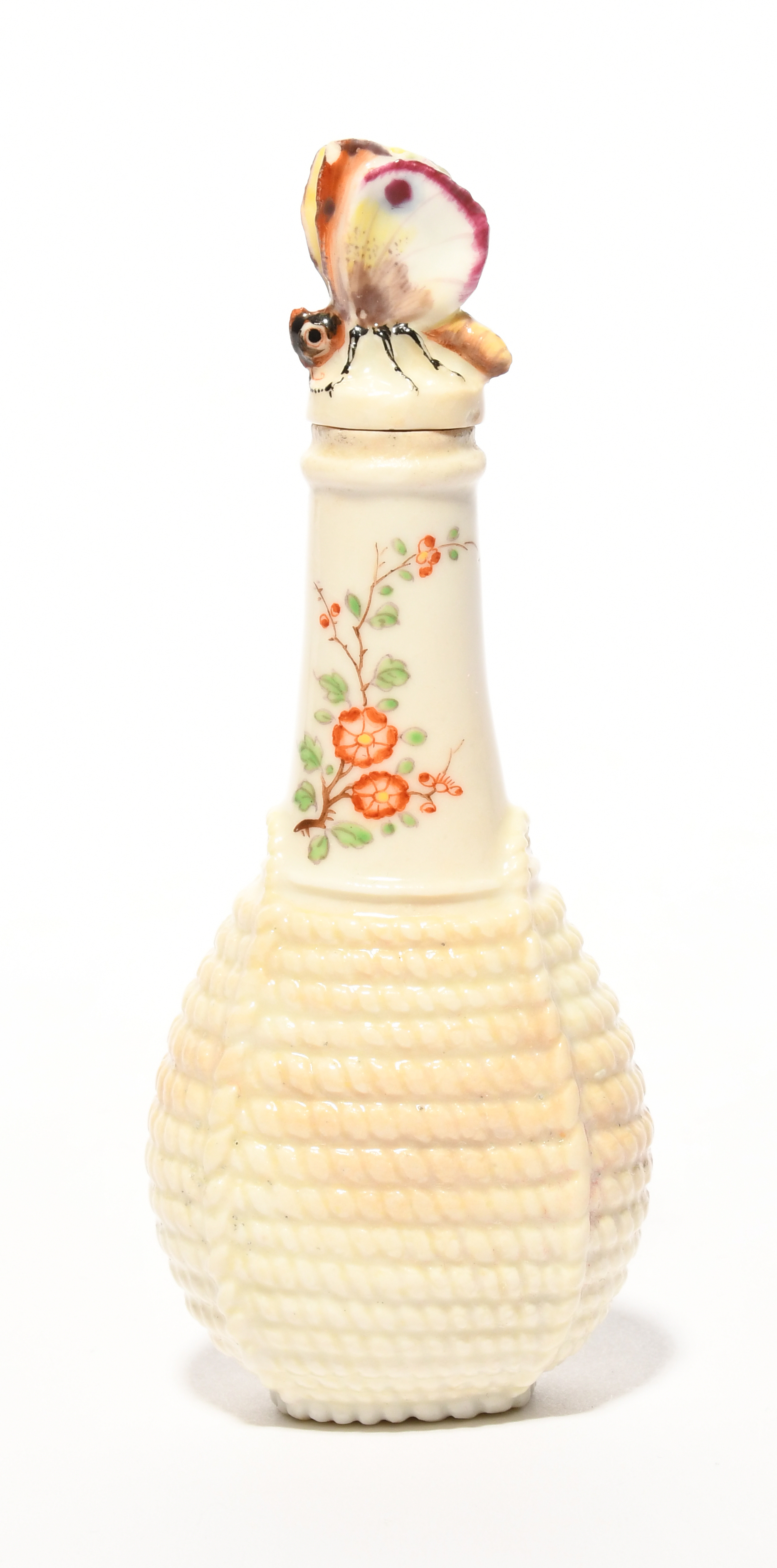 A Chelsea scent bottle, c.1755, modelled as a bottle contained in a pale wicker basket, the neck - Image 3 of 3