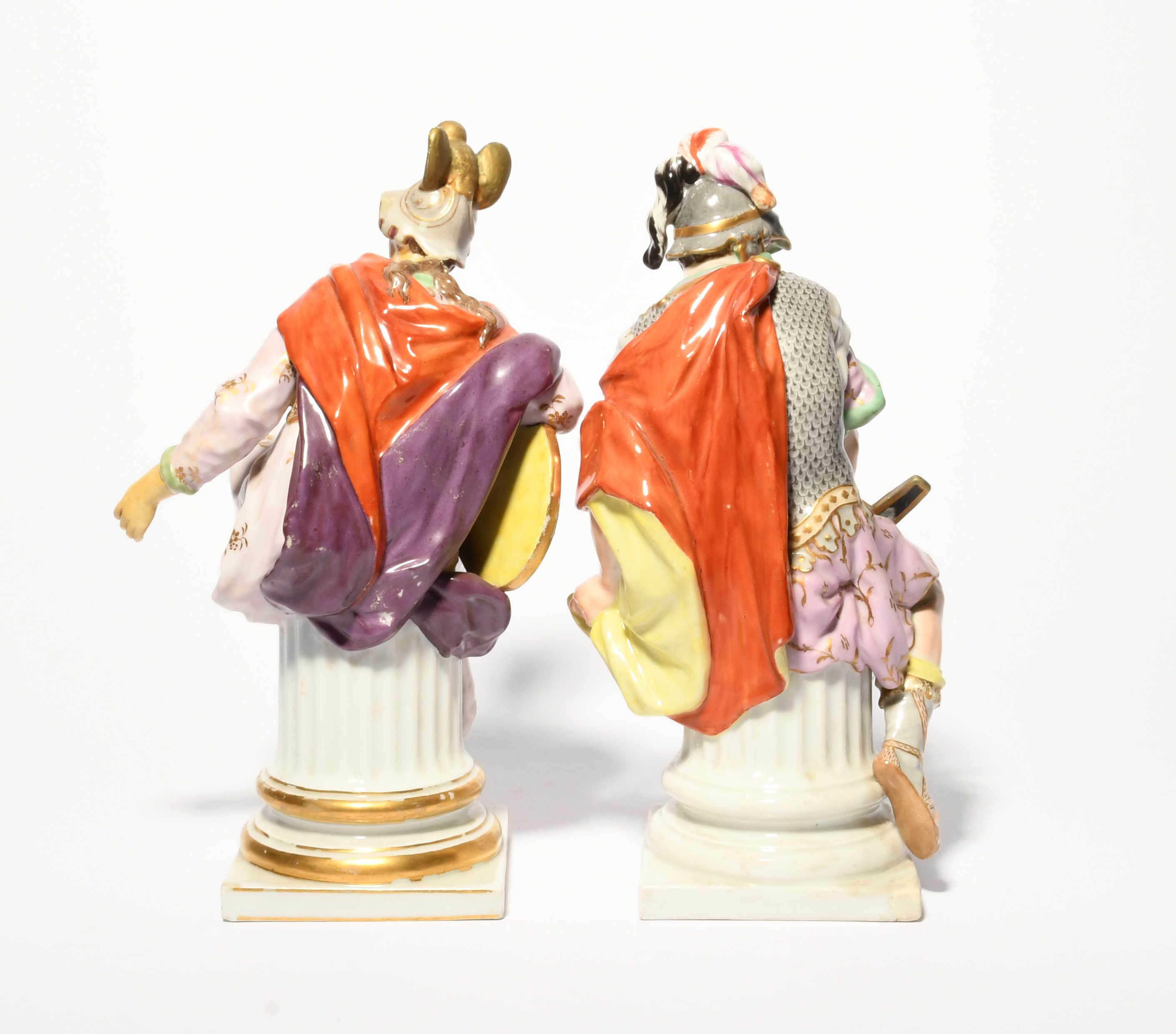 A pair of Berlin figures of Achilles and Minerva, 2nd half 18th century, each wearing a lilac robe - Image 2 of 2