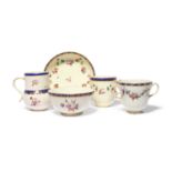 A group of Chelsea-Derby teawares, c.1780, including a thistle-shaped mug, a two-handled cup, a