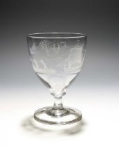 An engraved glass rummer, early 19th century, the deep funnel bowl engraved with an unusual scene of