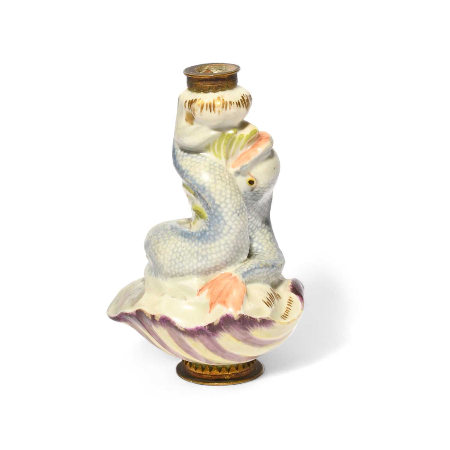 An English porcelain scent bottle, probably late 18th century, modelled in the Chelsea manner with