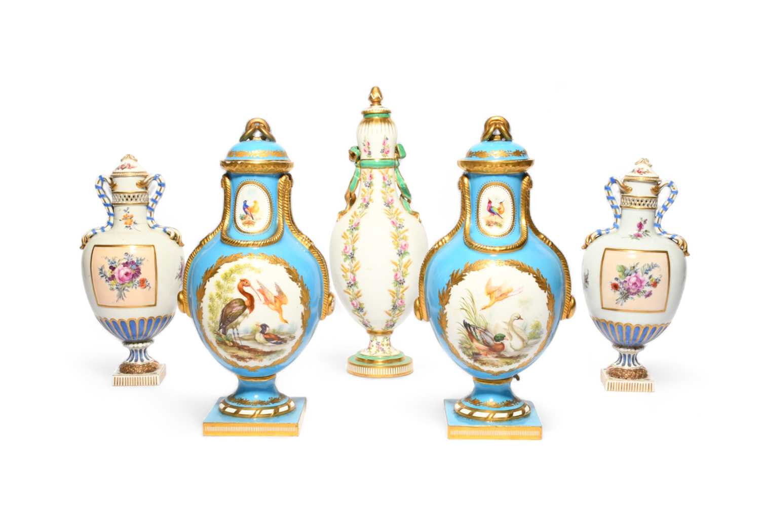 A pair of Coalport vases and covers, 19th century, in the Sèvres manner, painted with panels of