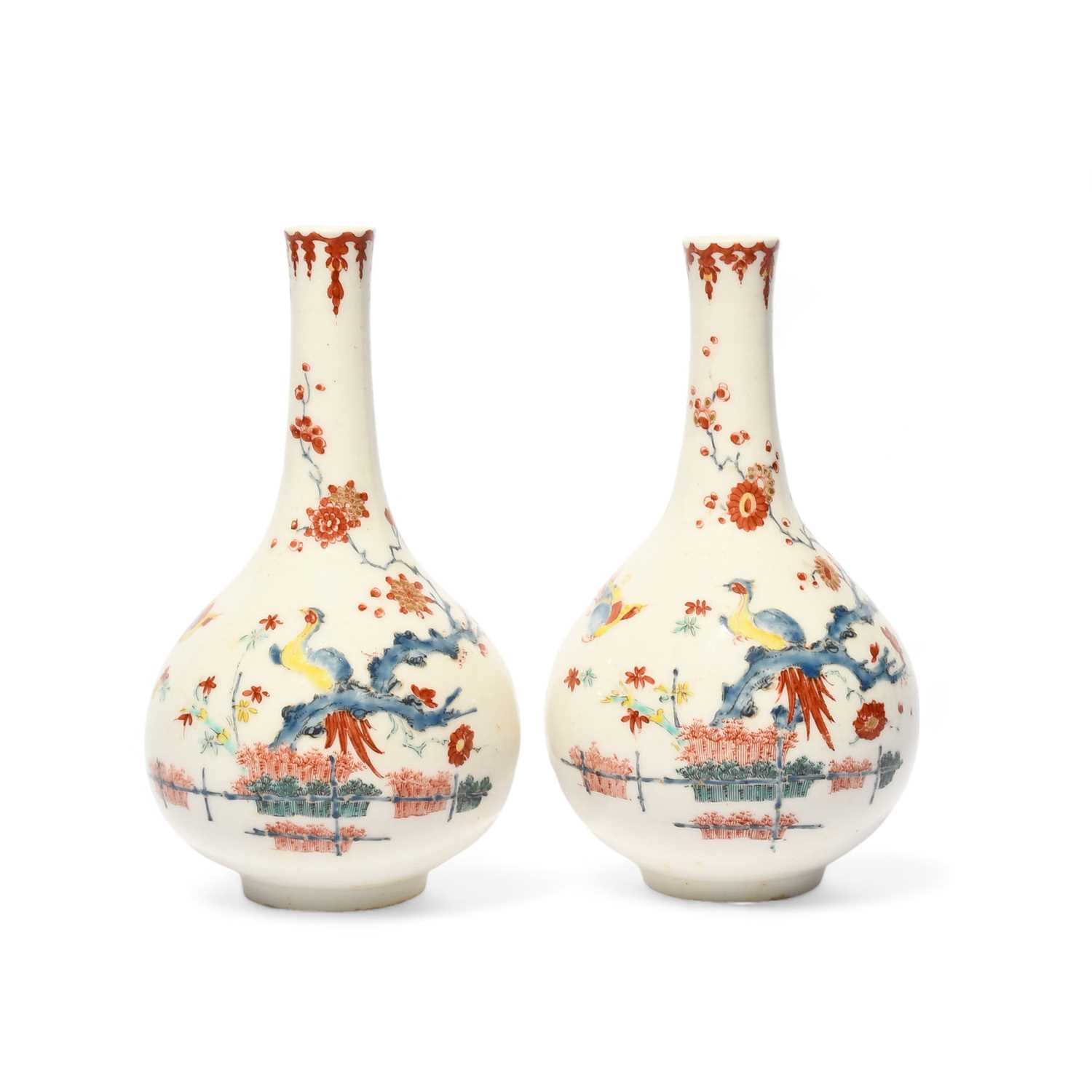 A rare pair of Bow bottle vases, c.1755, well painted in Kakiemon enamels, each with a long-tailed - Image 2 of 4