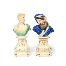 A pair of Meissen miniature busts emblematic of Spring and Winter, mid 18th century, Spring modelled
