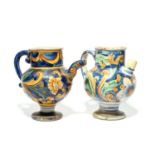 Two Caltagirone maiolica wet drug jars or ewers, 18th/19th century, typically decorated with