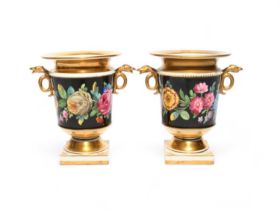 A pair of small two-handled vases, c.1820-30, painted with roses, tulips and other garden flowers in