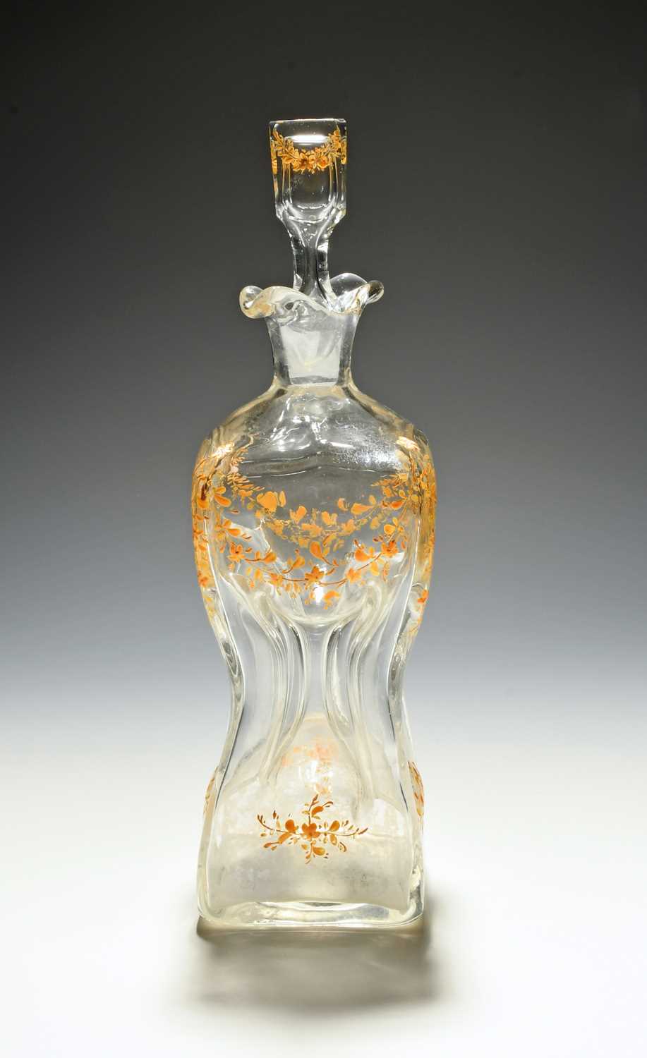 An enamelled waisted decanter and stopper, 19th century, the square form pinched around the middle - Image 2 of 2