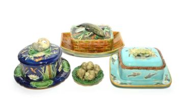 Three Majolica tureens or pots and covers, 19th century, one Joseph Holdcroft and modelled with a