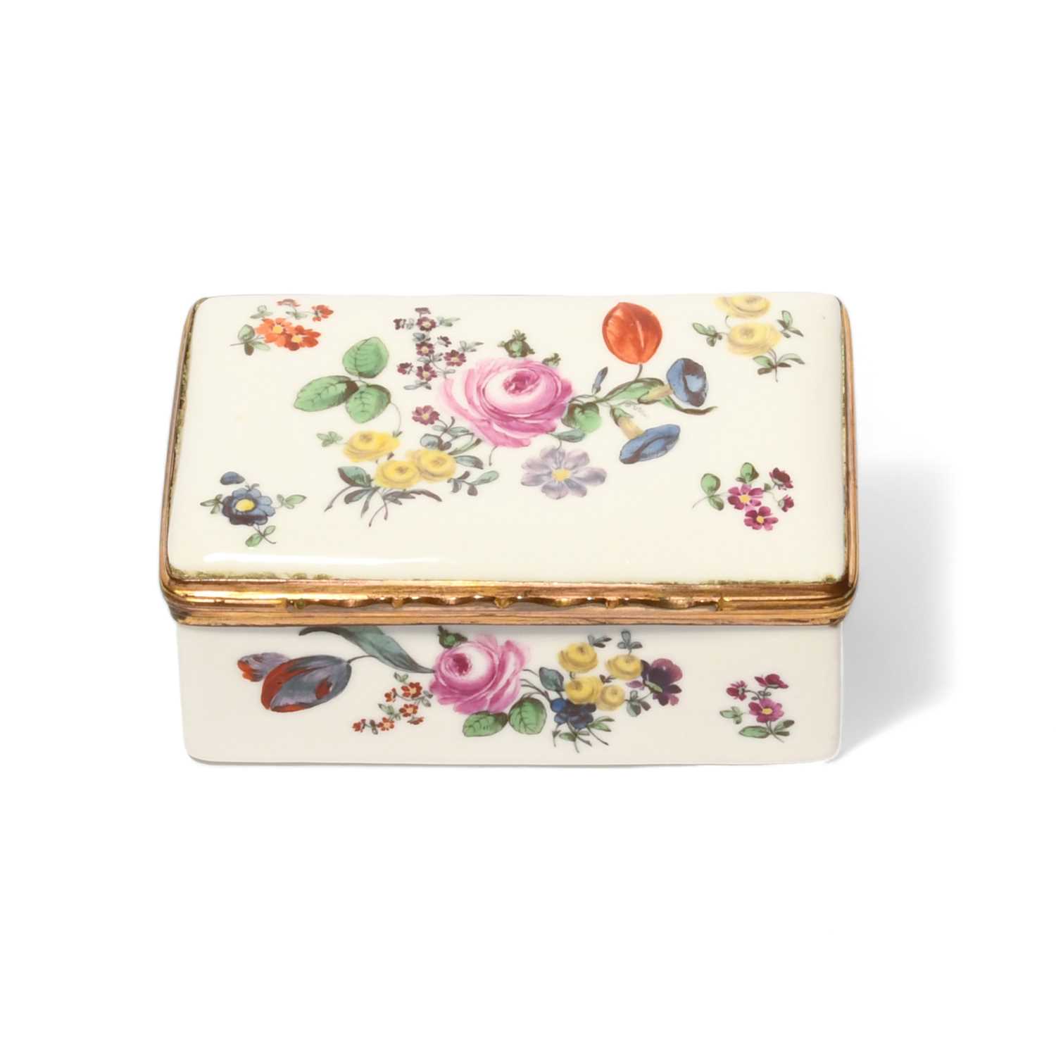 A German porcelain rectangular snuff box, c.1760-70, possibly Fürstenberg, the interior lid