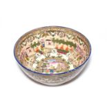 A very large pearlware punch bowl, 19th century, printed and hand-coloured in the Mandarin manner