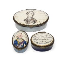 Three South Staffordshire enamel boxes, c.1780-1800, one an oval snuff box and printed with a