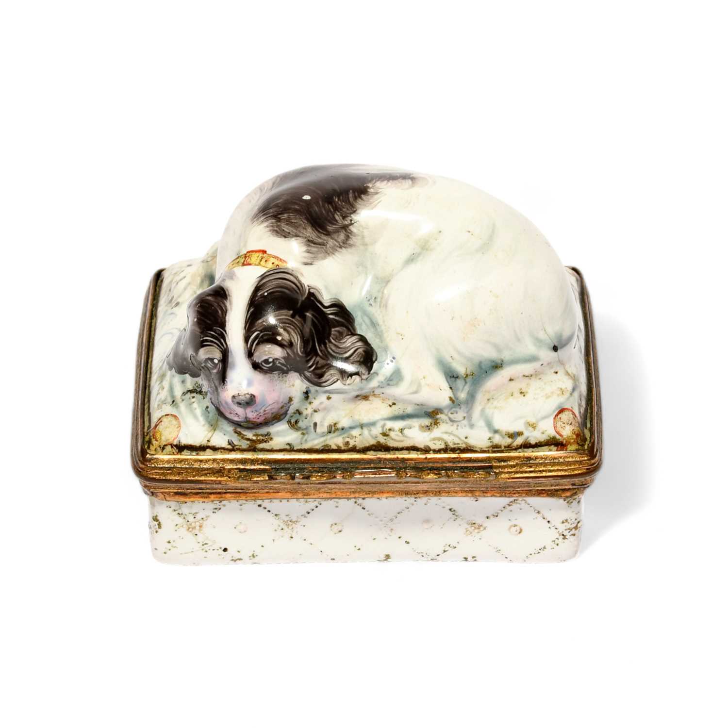 A Staffordshire enamel snuff box or bonbonniere, late 18th century, modelled as a recumbent