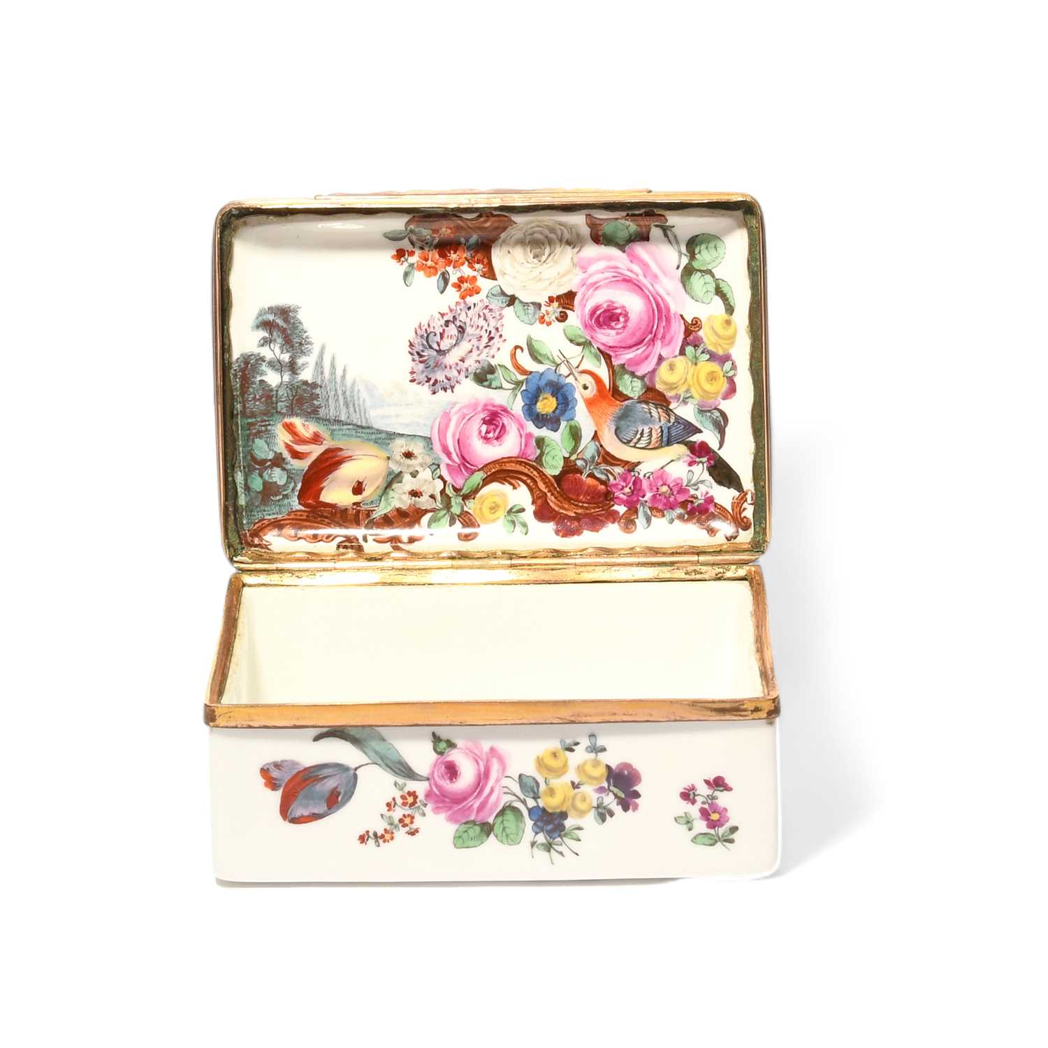 A German porcelain rectangular snuff box, c.1760-70, possibly Fürstenberg, the interior lid - Image 2 of 3