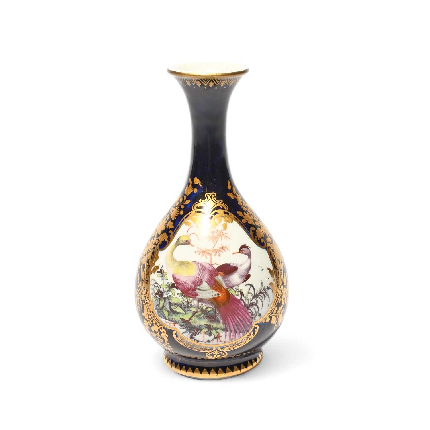 A small Chelsea bottle vase, c.1765, painted with two exotic long-tailed birds before leafy