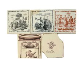 Three Liverpool delftware tiles, c.1760-70, printed by John Sadler, one with a girl blowing