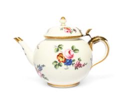 A large Sèvres teapot, c.1760, the globular body painted with sprays of European flowers on a