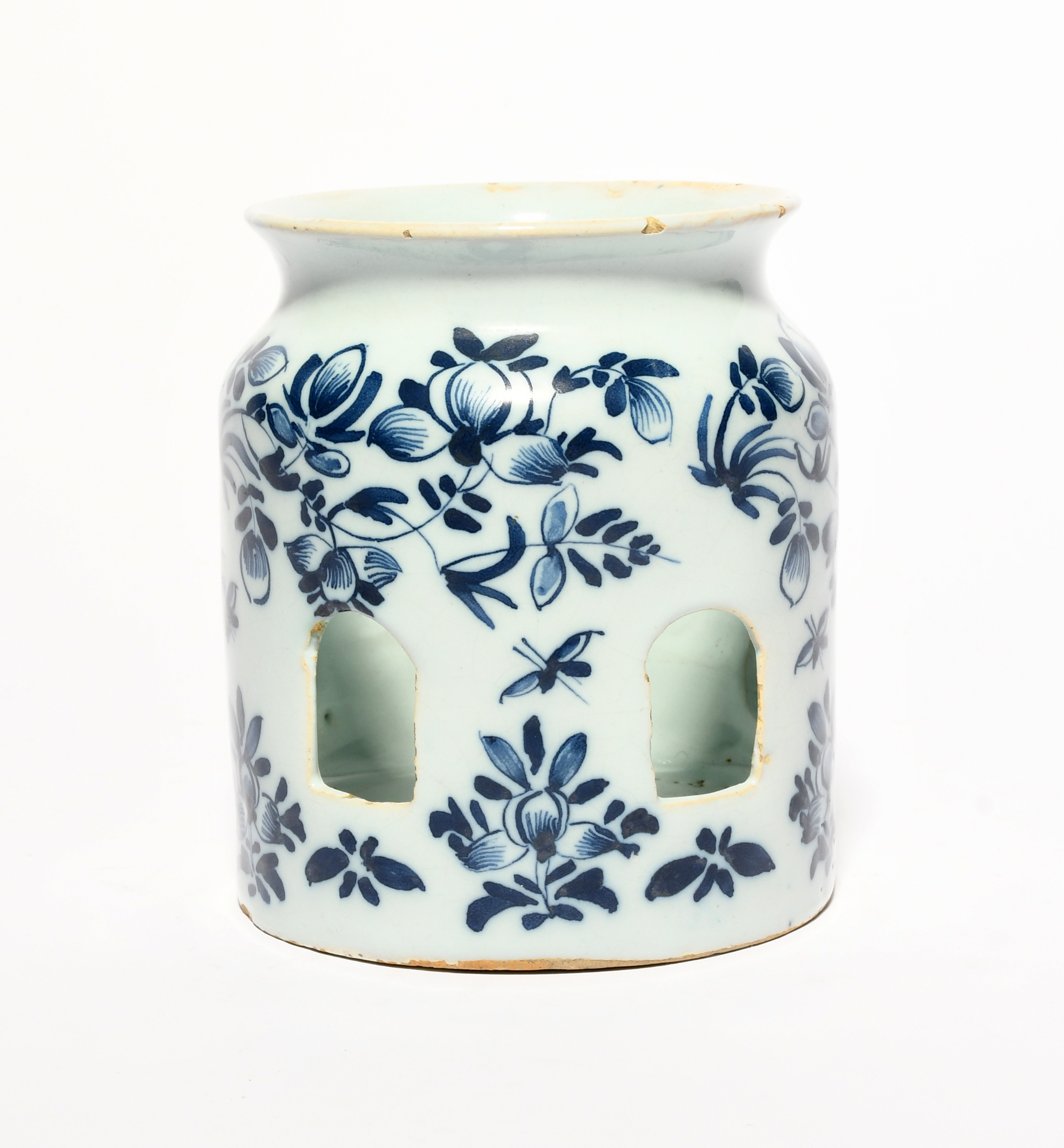 A rare English delftware night light holder, c.1770, probably London, the cylindrical jar shape with - Image 2 of 2