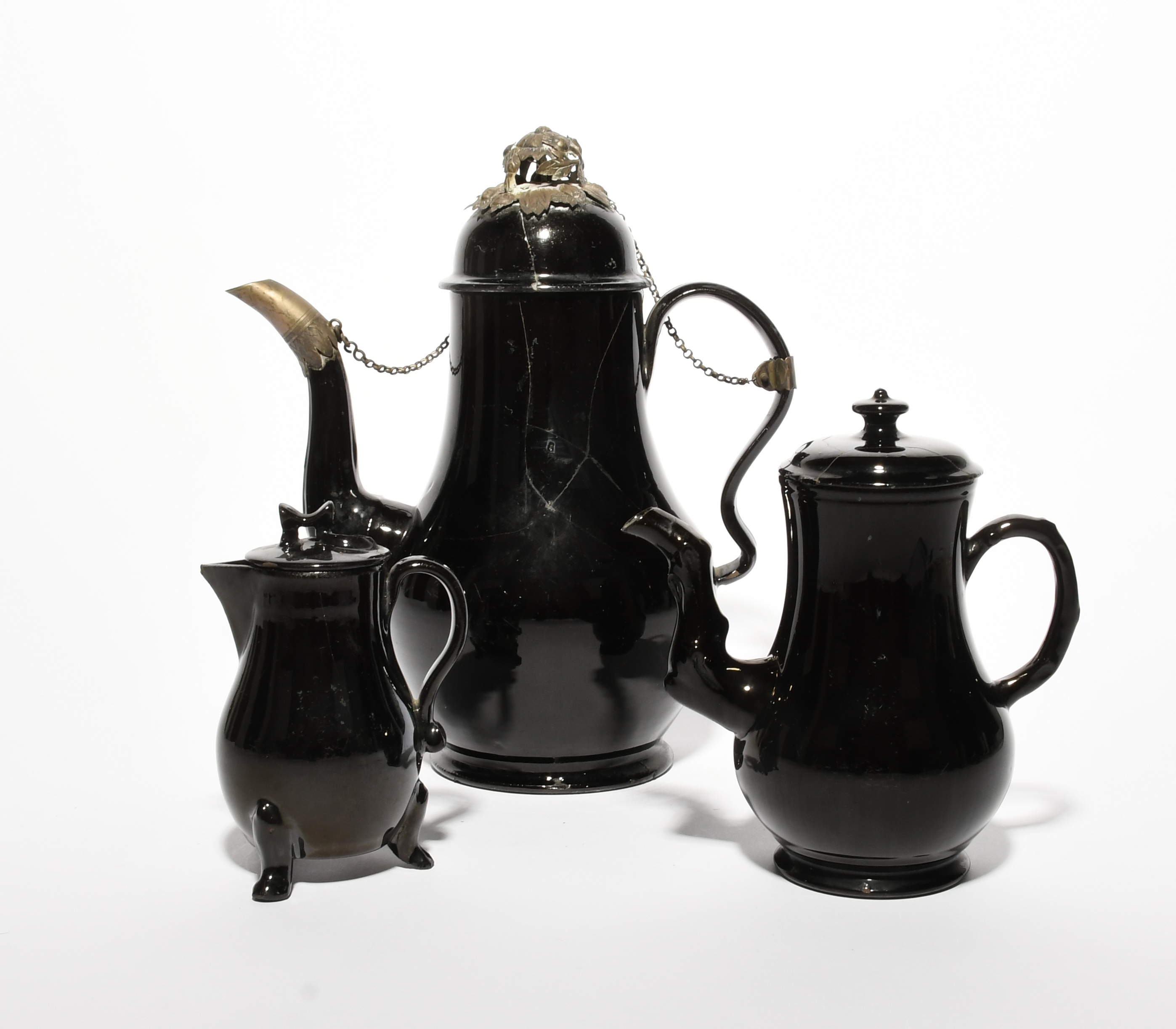 Two Jackfield coffee pots and covers, c.1750, the larger coffee pot with later silver-coloured metal - Image 2 of 2