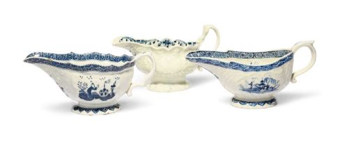 Three English porcelain blue and white sauceboats, c.1770-80, one Seth Pennington (Liverpool) and