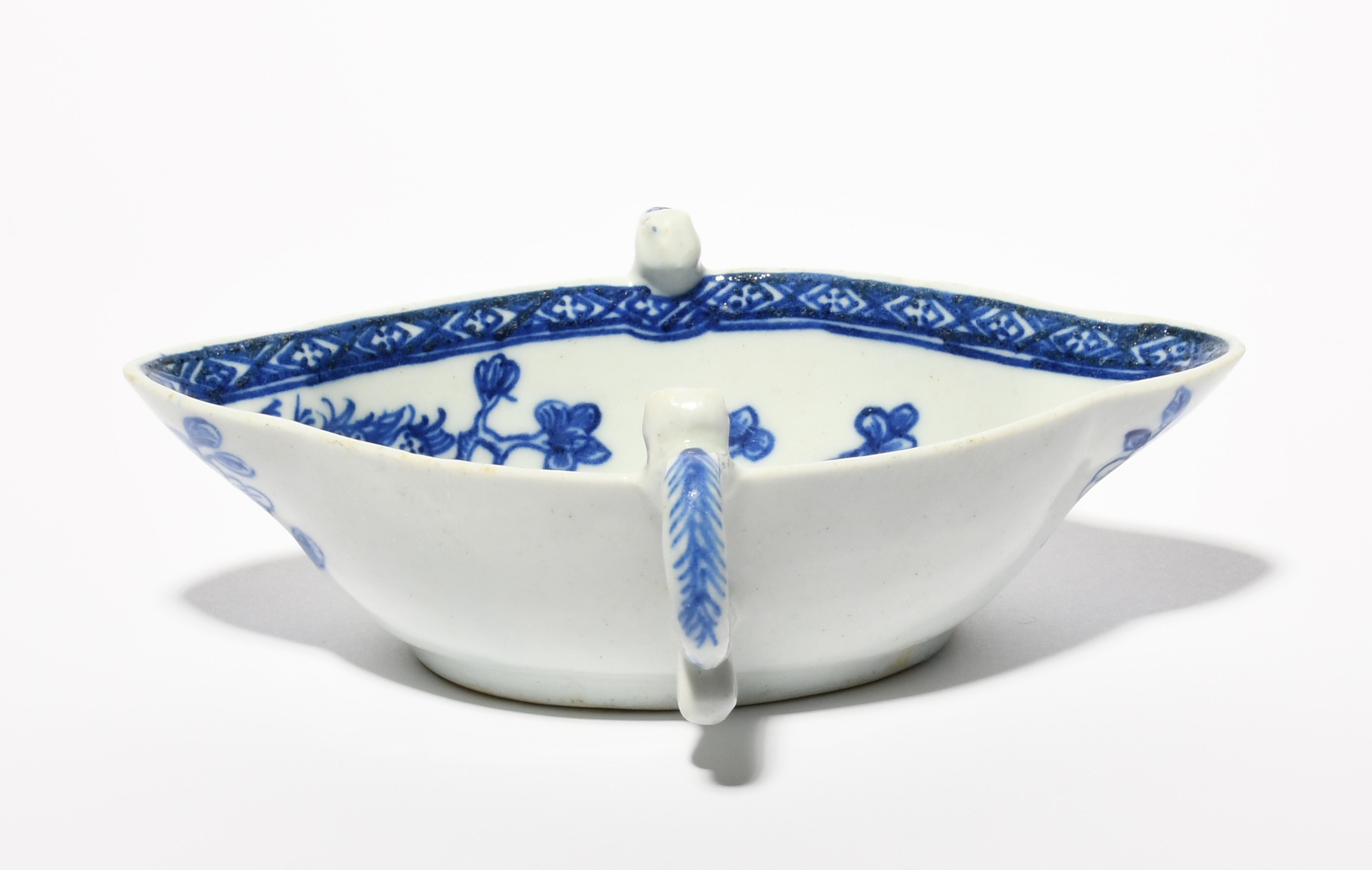 A rare Bow blue and white two-handled sauceboat, c.1750-52, painted in a bright blue with a bird - Image 4 of 5