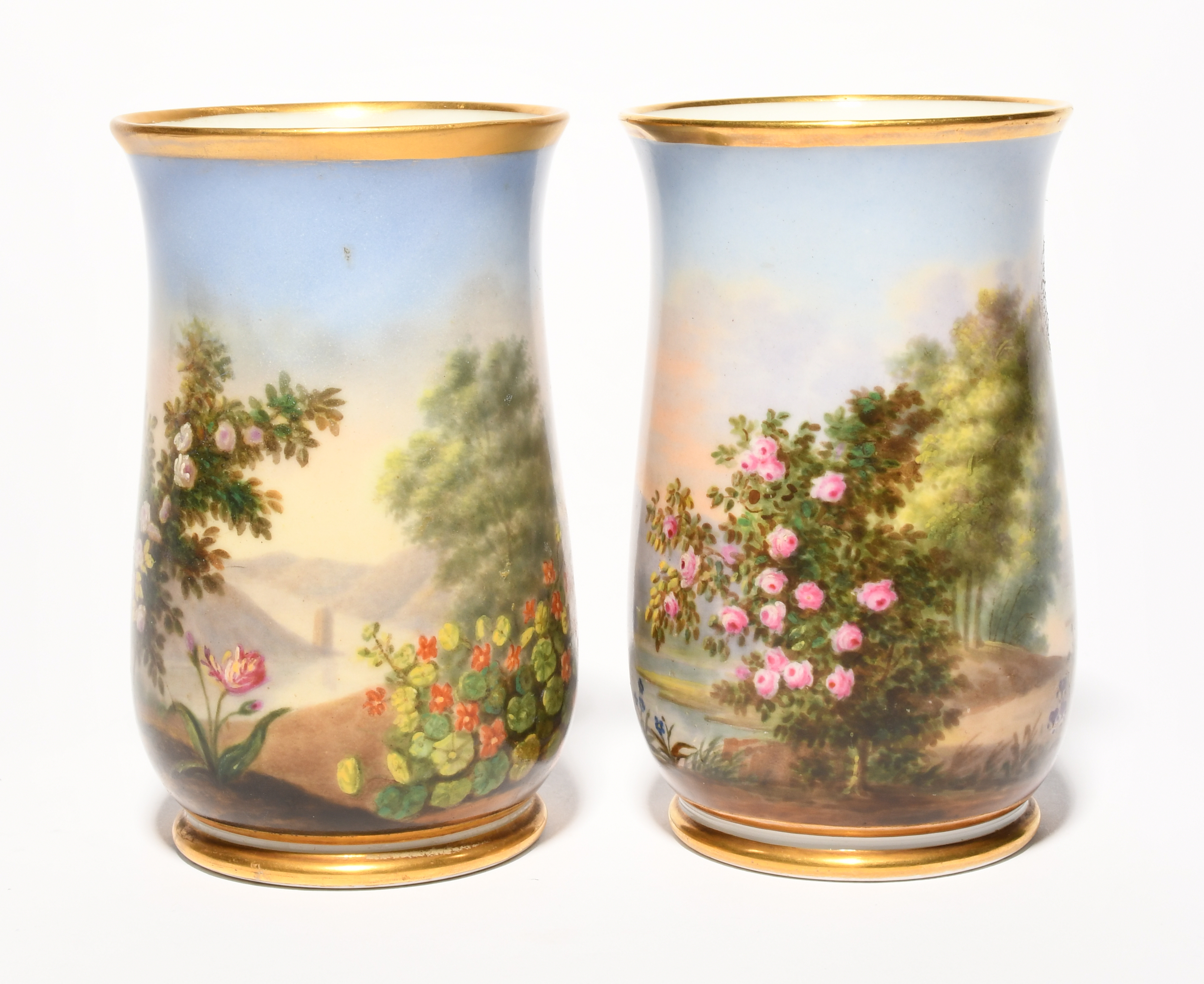 A pair of Paris porcelain spill vases, 1st half 19th century, by Lahoche, Palais Royal, the slightly - Image 2 of 3
