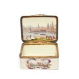 A good Meissen silver-gilt mounted box, mid 18th century, the exterior painted with vignettes of