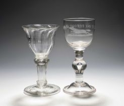 A sweetmeat glass, c.1740, the bowl moulded with spiral flutes, raised on a pedestal stem with