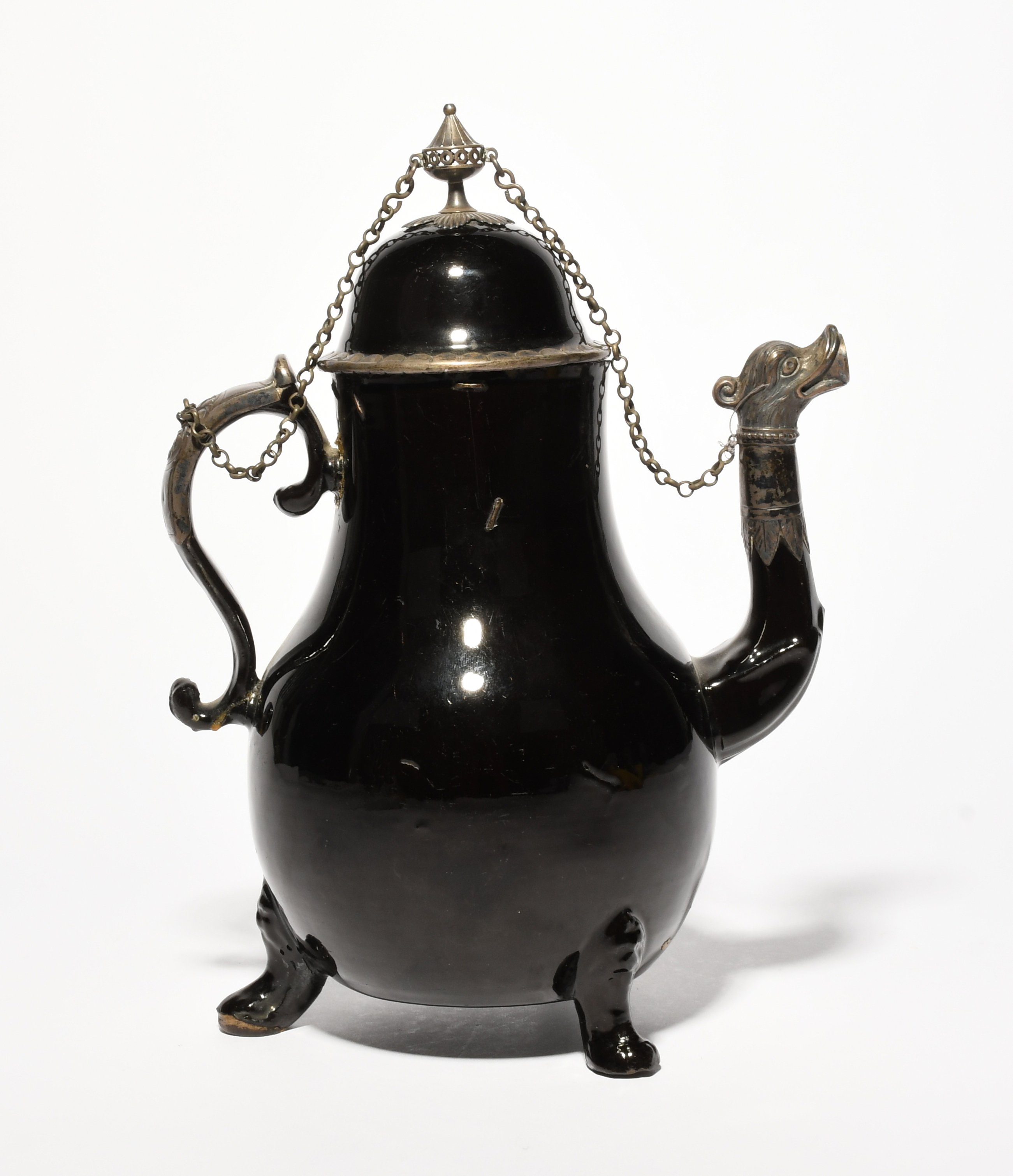 A large silver-mounted Jackfield coffee pot and cover, c.1750, of baluster form, raised on three paw - Image 2 of 2