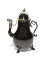A large silver-mounted Jackfield coffee pot and cover, c.1750, of baluster form, raised on three paw