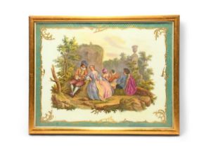 A large Meissen porcelain plaque, 19th century, painted with courting couples beside ruined statuary