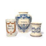 A Delft apothecary or tobacco jar, 2nd half 18th century, the ovoid form painted in blue with an