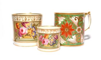 Three English porcelain porter mugs, c.1820-30, two Derby and painted with baskets of flowers