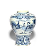A large delftware vase, c.1750, of baluster form, painted in blue with Chinese figures in a