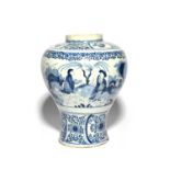 A large delftware vase, c.1750, of baluster form, painted in blue with Chinese figures in a