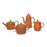 Two redware cylindrical teapots and covers, mid 18th century, a small coffee pot and cover, and a