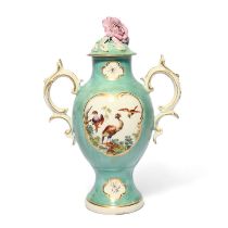 A Derby two-handled vase, c.1765, painted with panels of colourful birds reserved on a turquoise