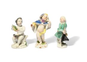 Two Meissen figures of Cupid in Disguise, mid 18th century, one as a lady draped in an ermine-