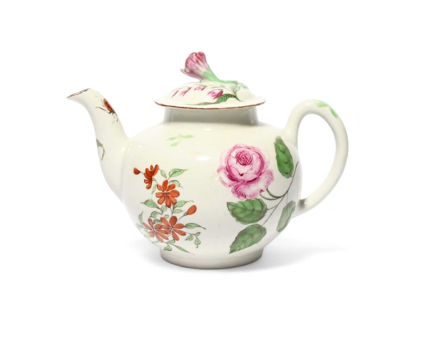 A small Scratch Cross Worcester teapot and cover, c.1754, finely painted with a pink rose spray
