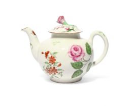 A small Scratch Cross Worcester teapot and cover, c.1754, finely painted with a pink rose spray