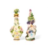 Two porcelain scent bottles, one English c.1830 and applied with flowers on a white ground, a red
