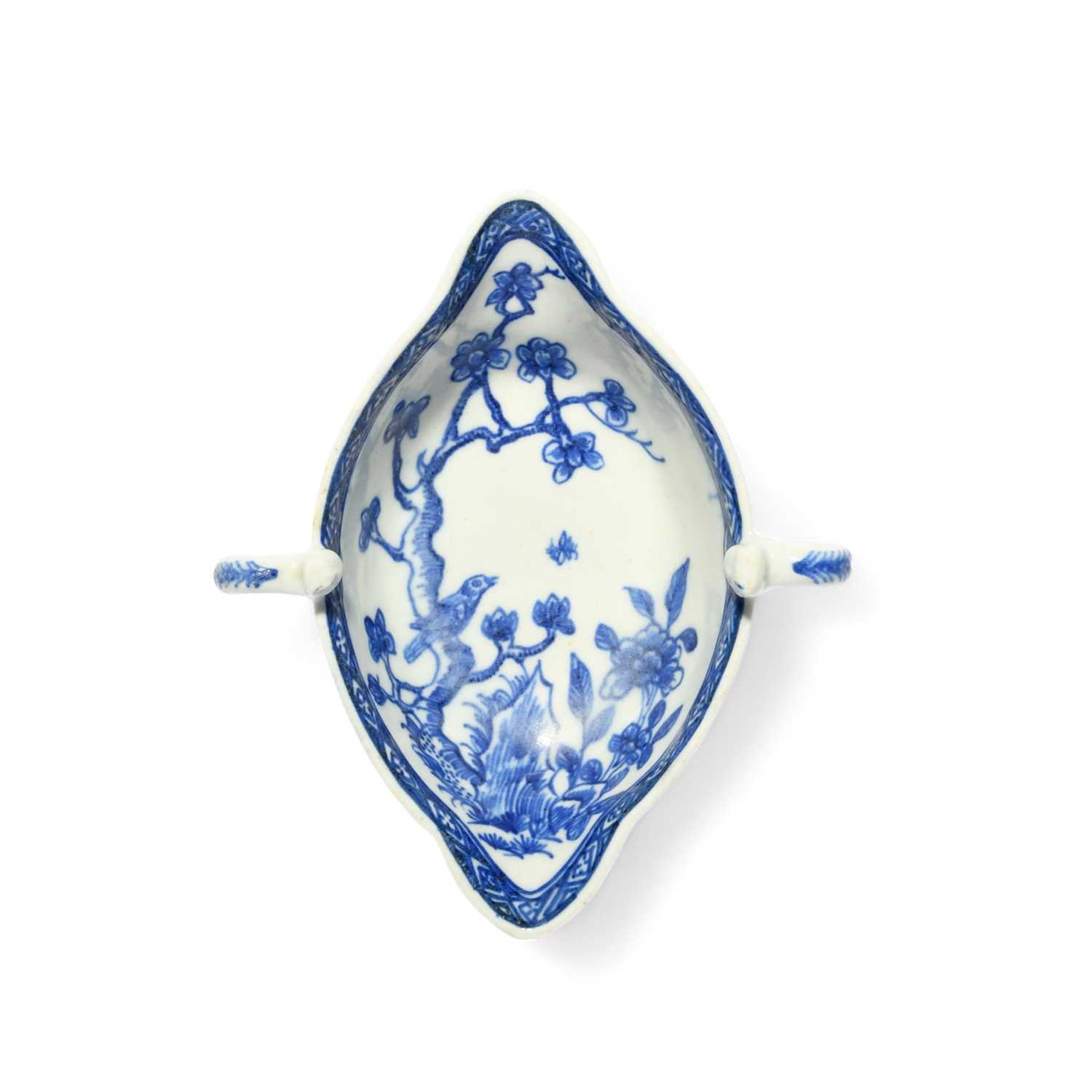 A rare Bow blue and white two-handled sauceboat, c.1750-52, painted in a bright blue with a bird - Image 3 of 5